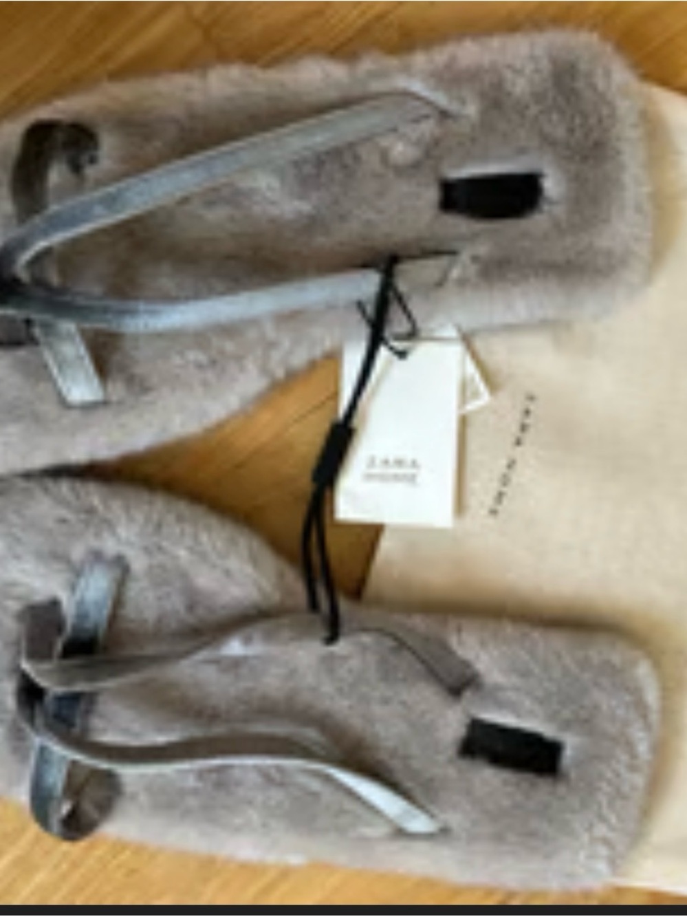 Zara Plush Faux Fur Flip-Flops in Light Taupe with Silver Straps
